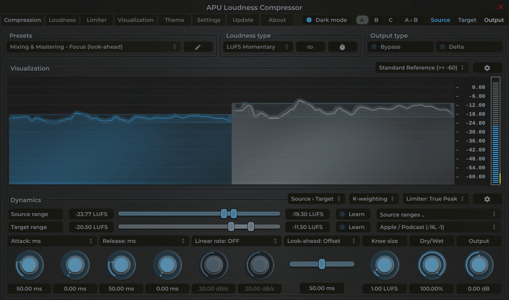 APU Loudness Compressor showing Apple Music target at -16 LUFS