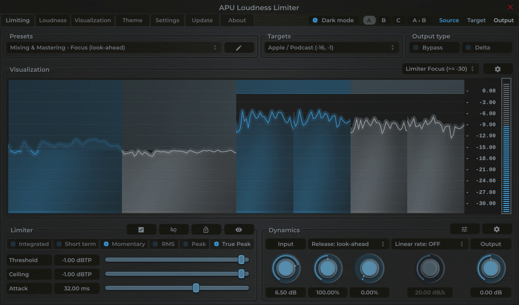 APU Loudness Limiter showing Apple Music target at -16 LUFS