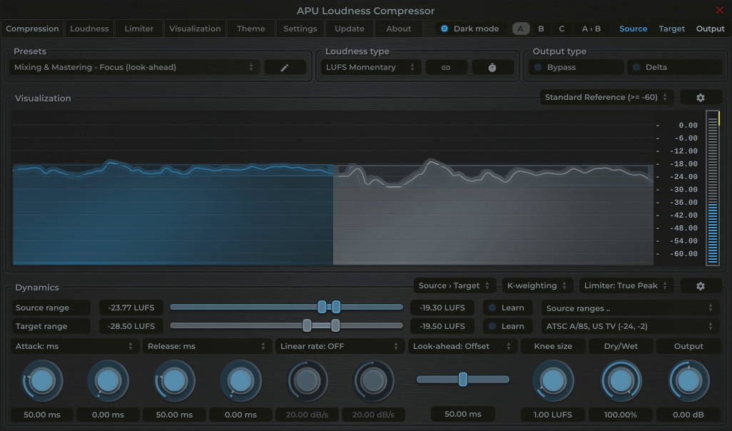 APU Loudness Compressor showing ATSC A/85, US TV target at -24 LUFS