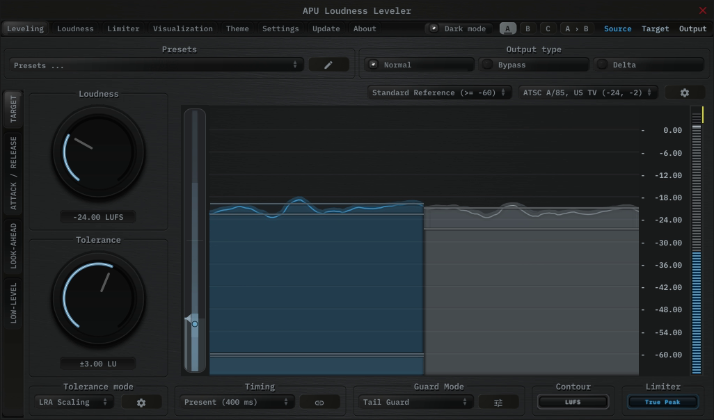 APU Loudness Leveler showing ATSC A/85, US TV target at -24 LUFS
