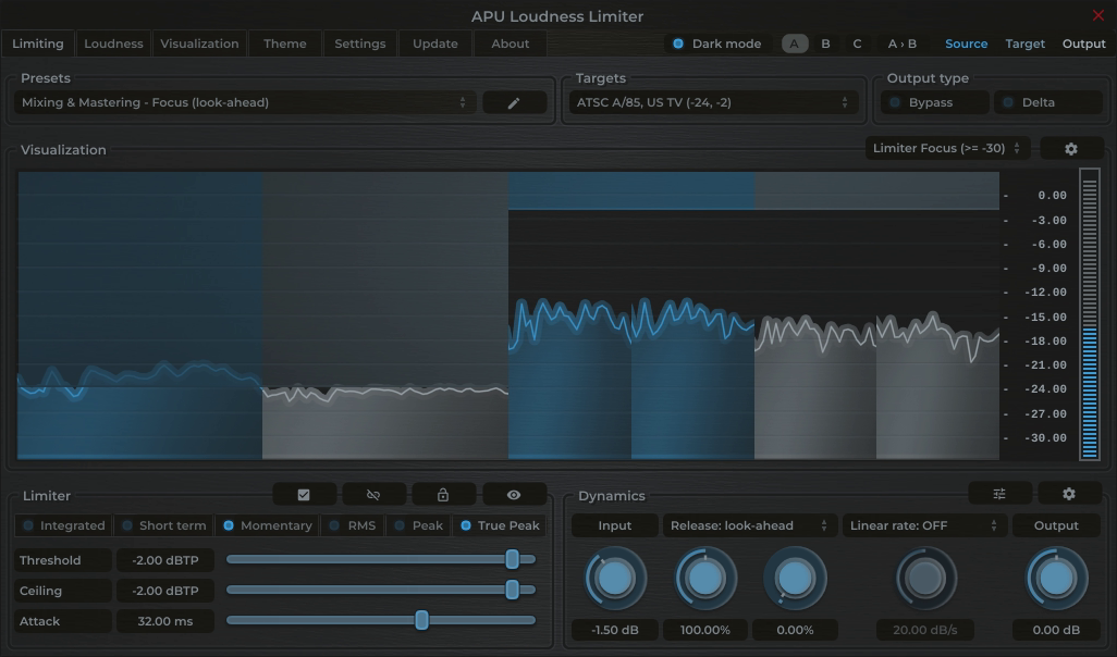 APU Loudness Limiter showing ATSC A/85, US TV target at -24 LUFS