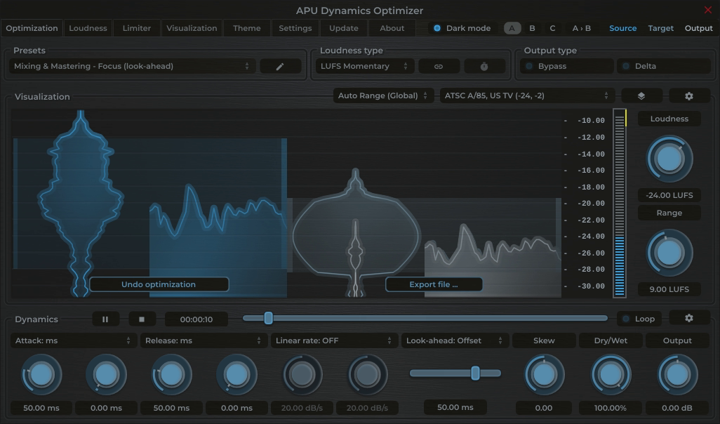 APU Dynamics Optimizer showing ATSC A/85, US TV target at -24 LUFS