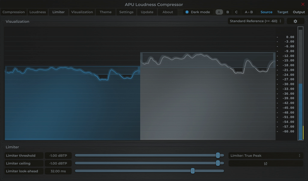 APU Loudness Compressor showing Deezer target at -1 dBTP