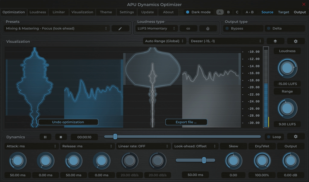 APU Dynamics Optimizer showing Deezer target at -15 LUFS