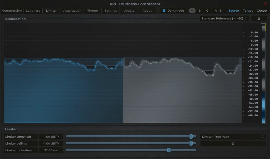 APU Loudness Compressor showing EBU R128, Broadcast target at -1 dBTP
