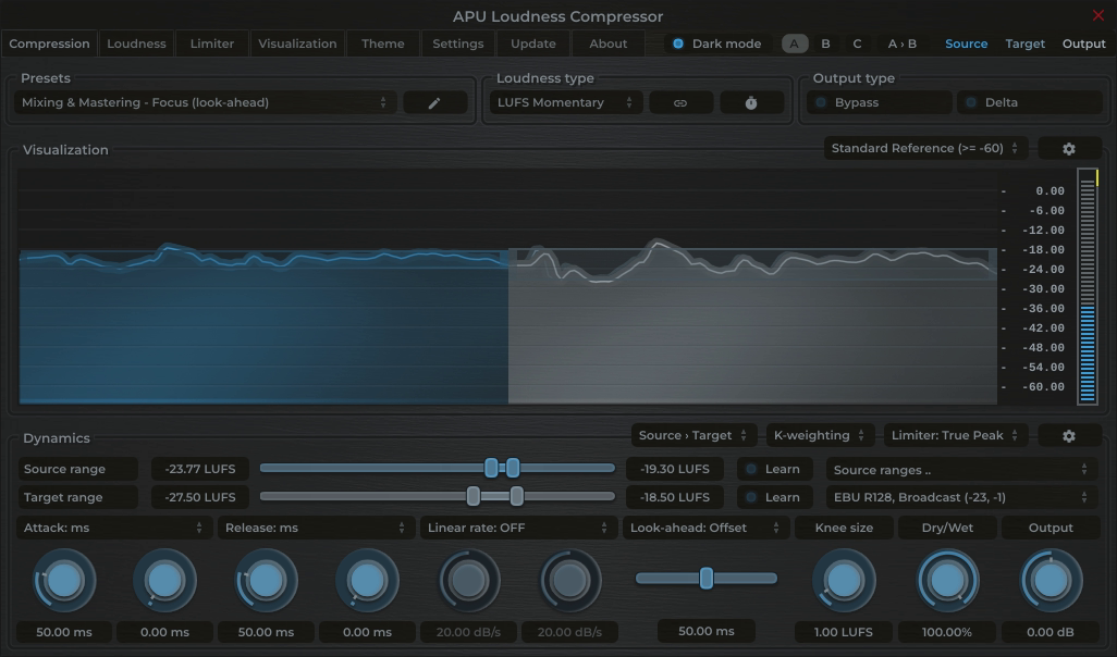 APU Loudness Compressor showing EBU R128, Broadcast target at -23 LUFS