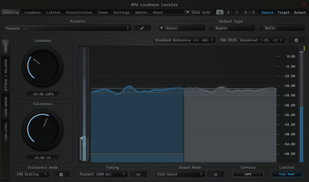 APU Loudness Leveler showing EBU R128, Broadcast target at -23 LUFS