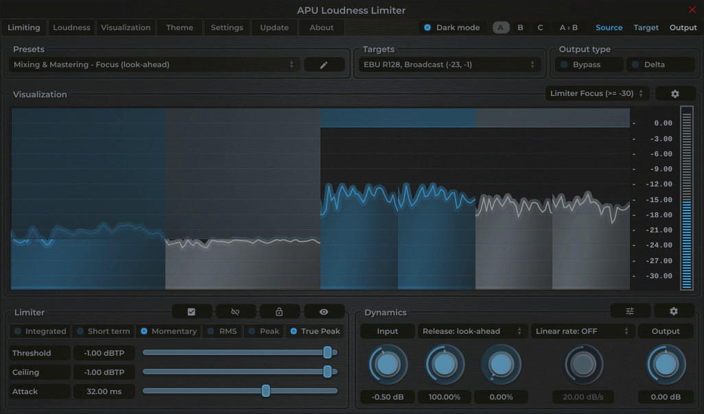 APU Loudness Limiter showing EBU R128, Broadcast target at -23 LUFS