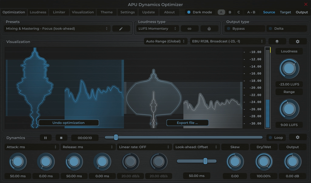 APU Dynamics Optimizer showing EBU R128, Broadcast target at -23 LUFS