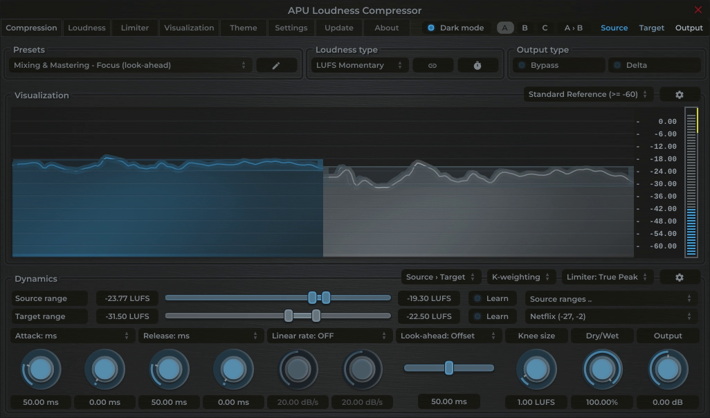 APU Loudness Compressor showing Netflix target at -27 LUFS