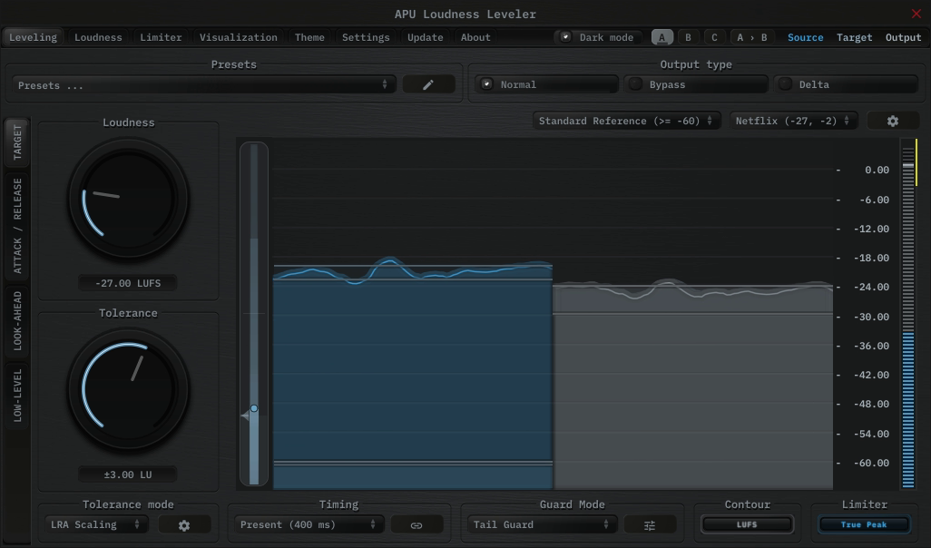 APU Loudness Leveler showing Netflix target at -27 LUFS