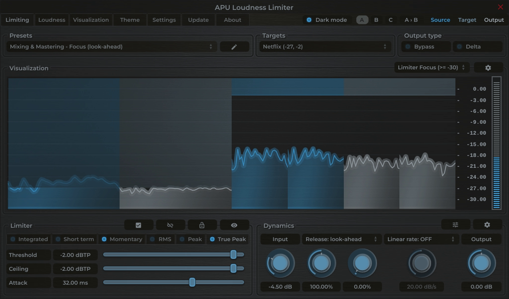 APU Loudness Limiter showing Netflix target at -27 LUFS