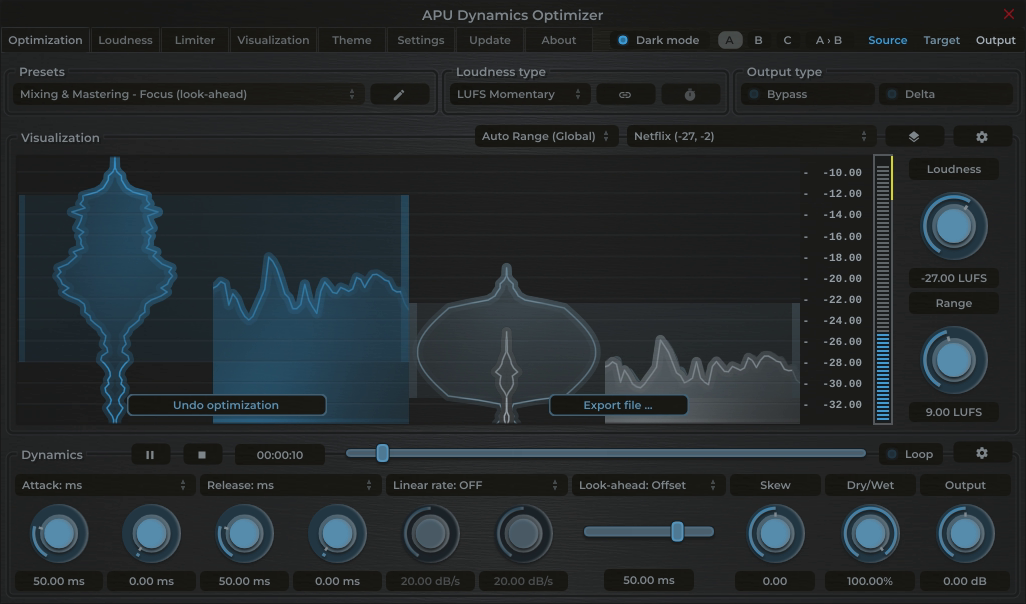 APU Dynamics Optimizer showing Netflix target at -27 LUFS