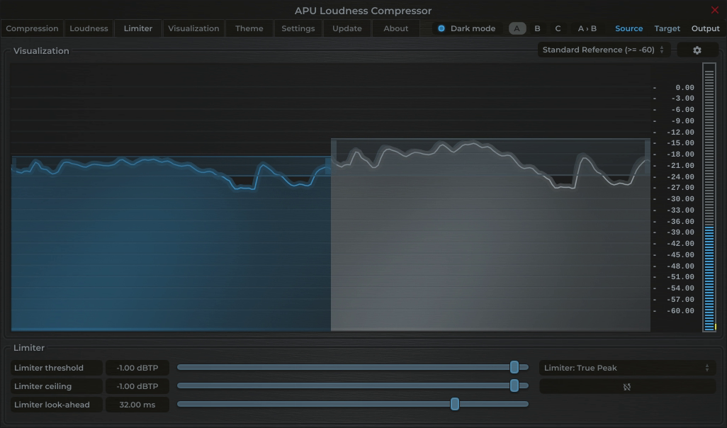 APU Loudness Compressor showing Podcast (Mono) target at -1 dBTP