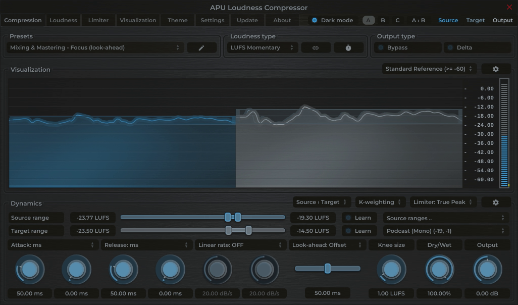 APU Loudness Compressor showing Podcast (Mono) target at -19 LUFS