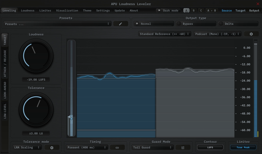 APU Loudness Leveler showing Podcast (Mono) target at -19 LUFS