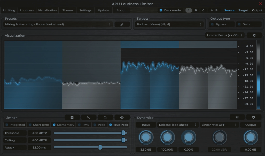APU Loudness Limiter showing Podcast (Mono) target at -19 LUFS
