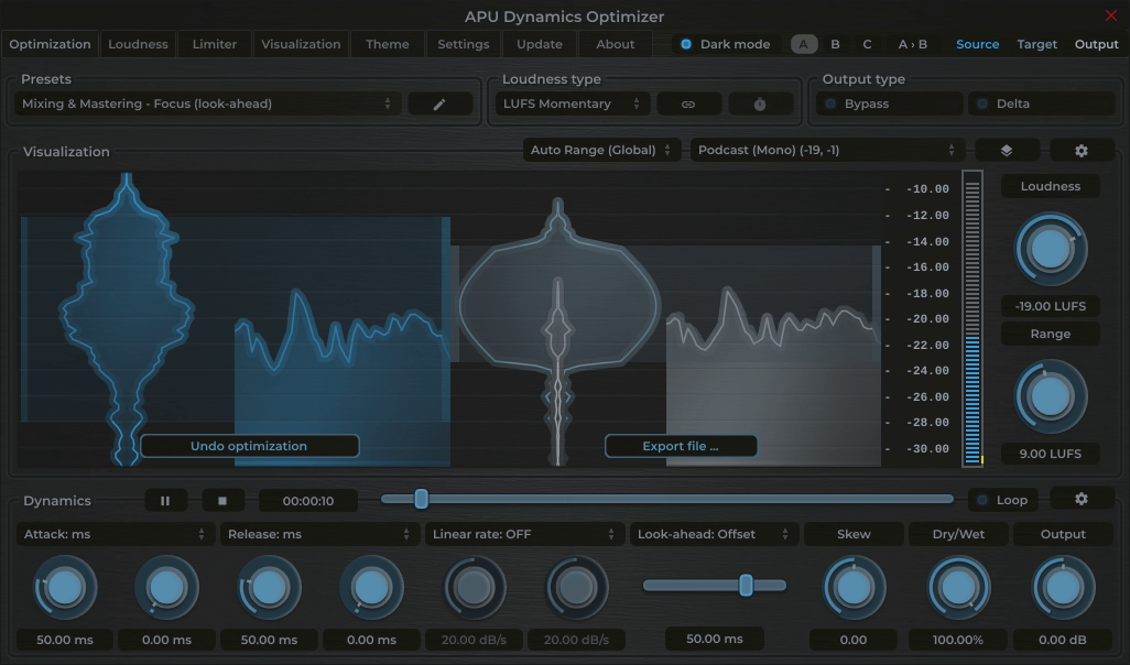 APU Dynamics Optimizer showing Podcast (Mono) target at -19 LUFS