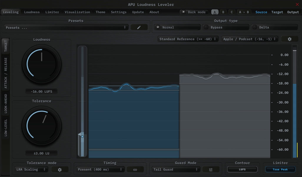 APU Loudness Leveler showing Podcast (Stereo) target at -16 LUFS