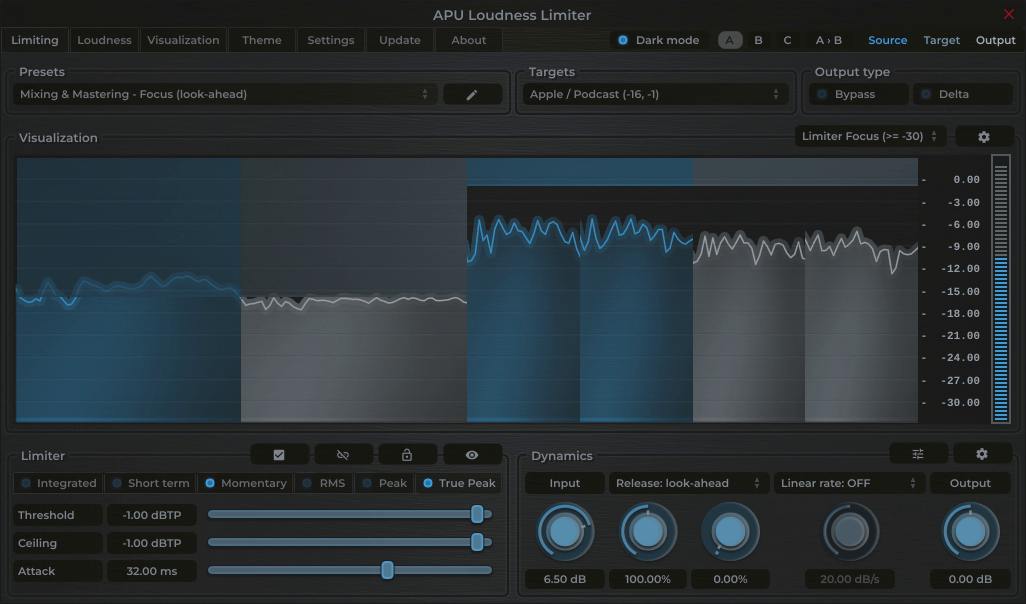APU Loudness Limiter showing Podcast (Stereo) target at -16 LUFS
