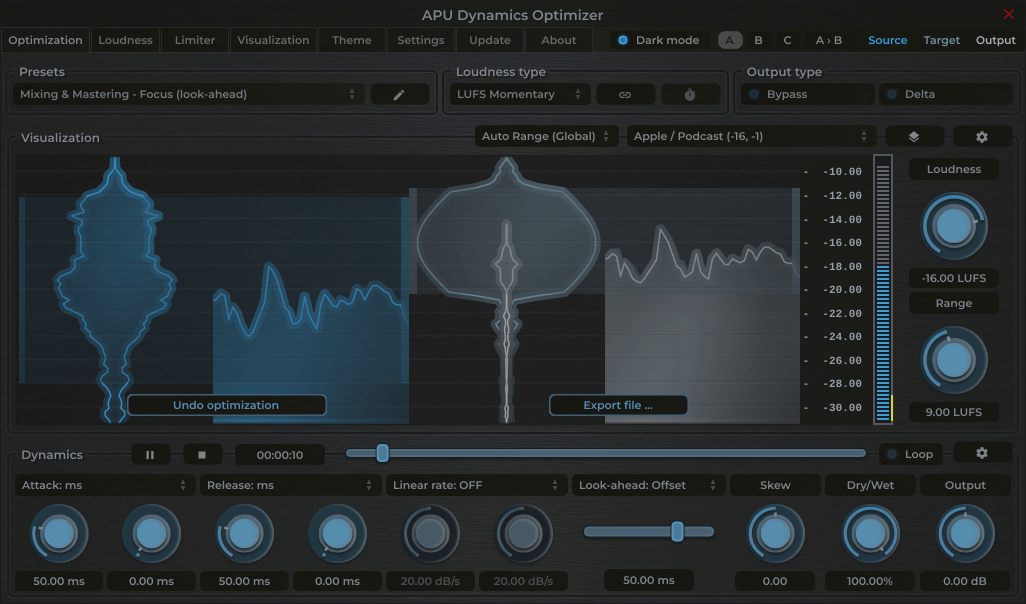 APU Dynamics Optimizer showing Podcast (Stereo) target at -16 LUFS