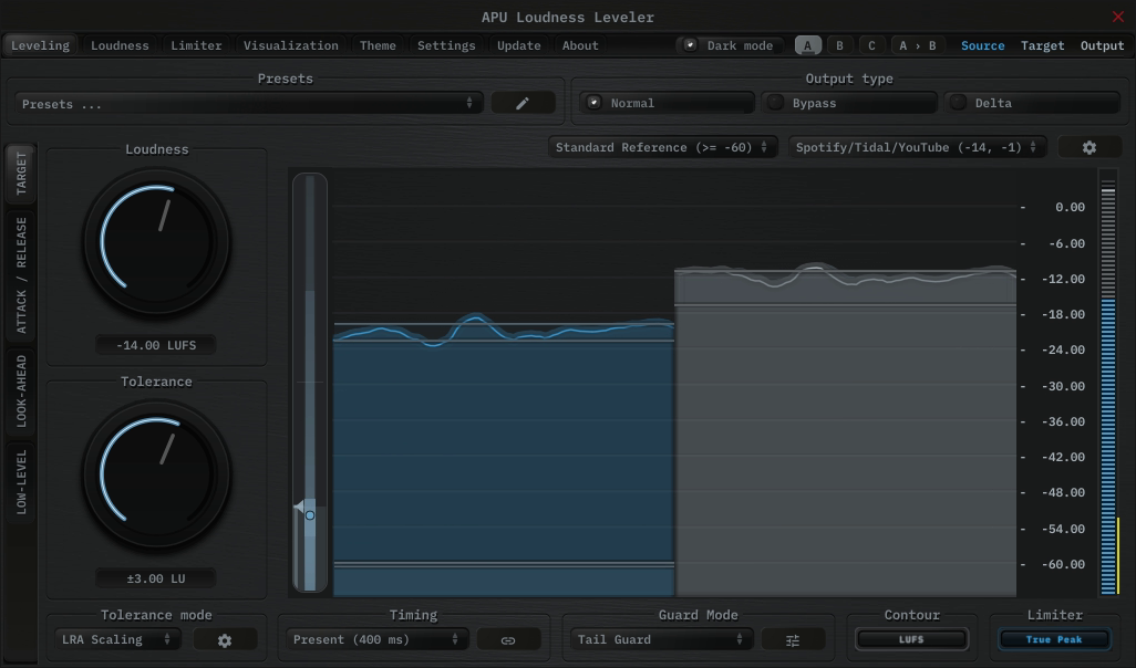 APU Loudness Leveler showing SoundCloud target at -14 LUFS