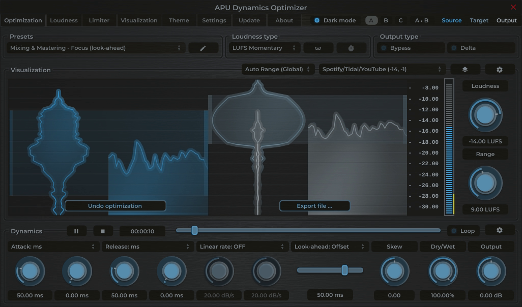 APU Dynamics Optimizer showing Spotify target at -14 LUFS