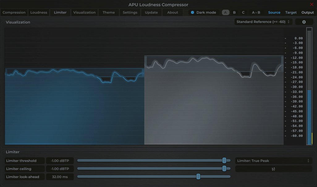 APU Loudness Compressor showing Social Media (TikTok/Reels) target at -1 dBTP
