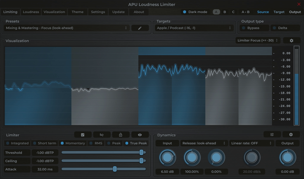 APU Loudness Limiter showing Social Media (TikTok/Reels) target at -16 LUFS