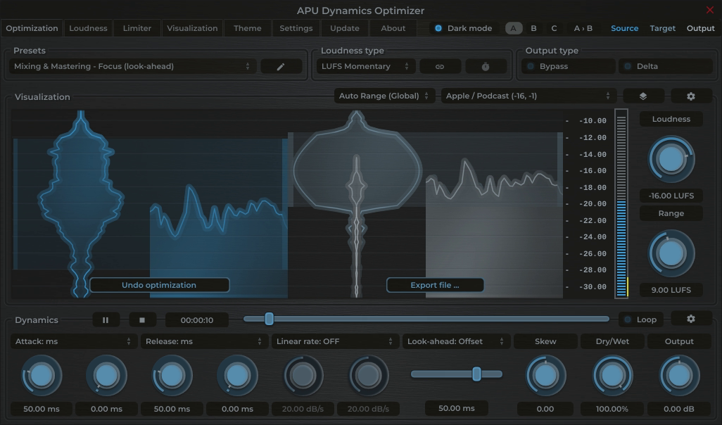 APU Dynamics Optimizer showing Social Media (TikTok/Reels) target at -16 LUFS