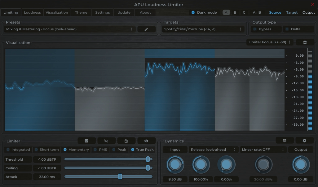APU Loudness Limiter showing YouTube target at -14 LUFS